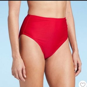 Kona Sol shirred coverage high waist bikini bottom, red.size L (12/14)